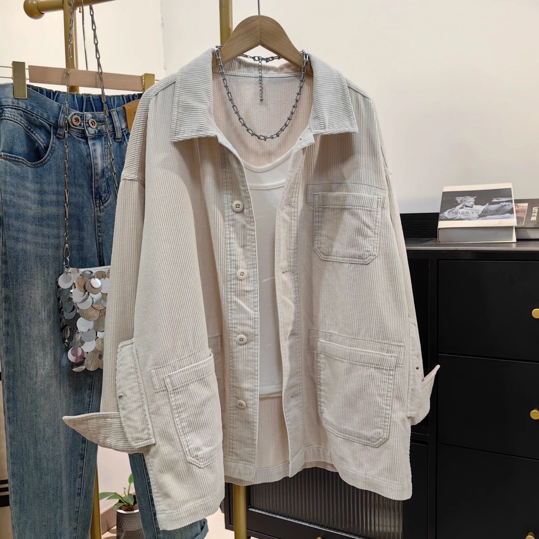 全棉灯芯绒衬衫外套女2025秋新款慵懒风休闲百搭开衫复古宽松上衣