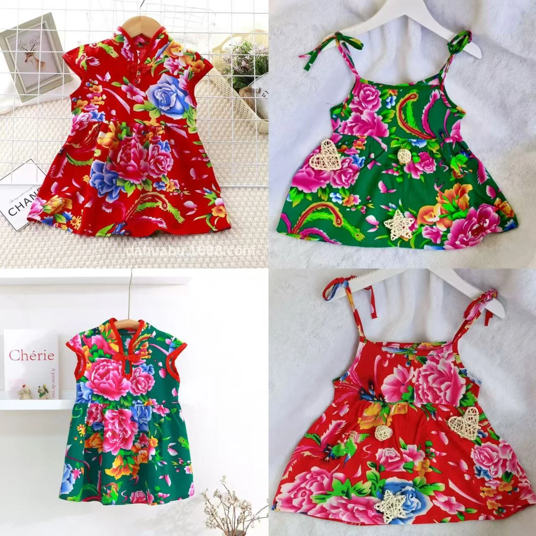 女童连衣裙夏装东北大花民族风童装宝宝裙儿童网红旗袍棉绸盘扣裙