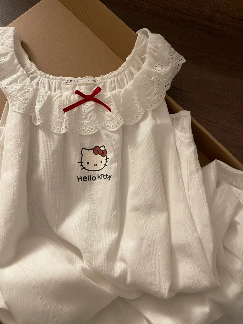 日系ins风可爱卡通凯蒂猫吊带睡裙女夏季新款蕾丝花边宽松睡裙