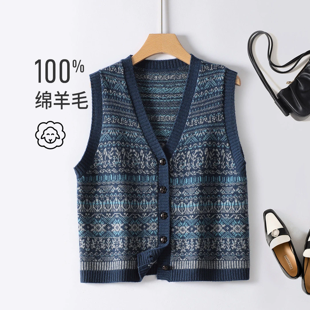 【达人】赛兔100%羊毛开衫女复古撞色提花针织马甲背心女202253006