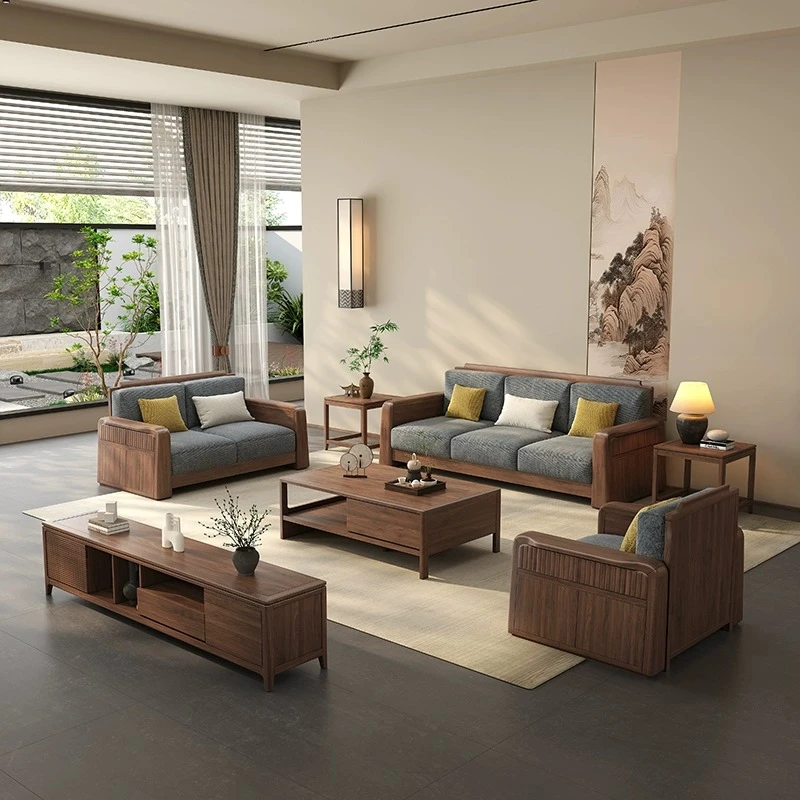 黑胡桃木实木沙发家用客厅简约轻奢组合实木沙发成套