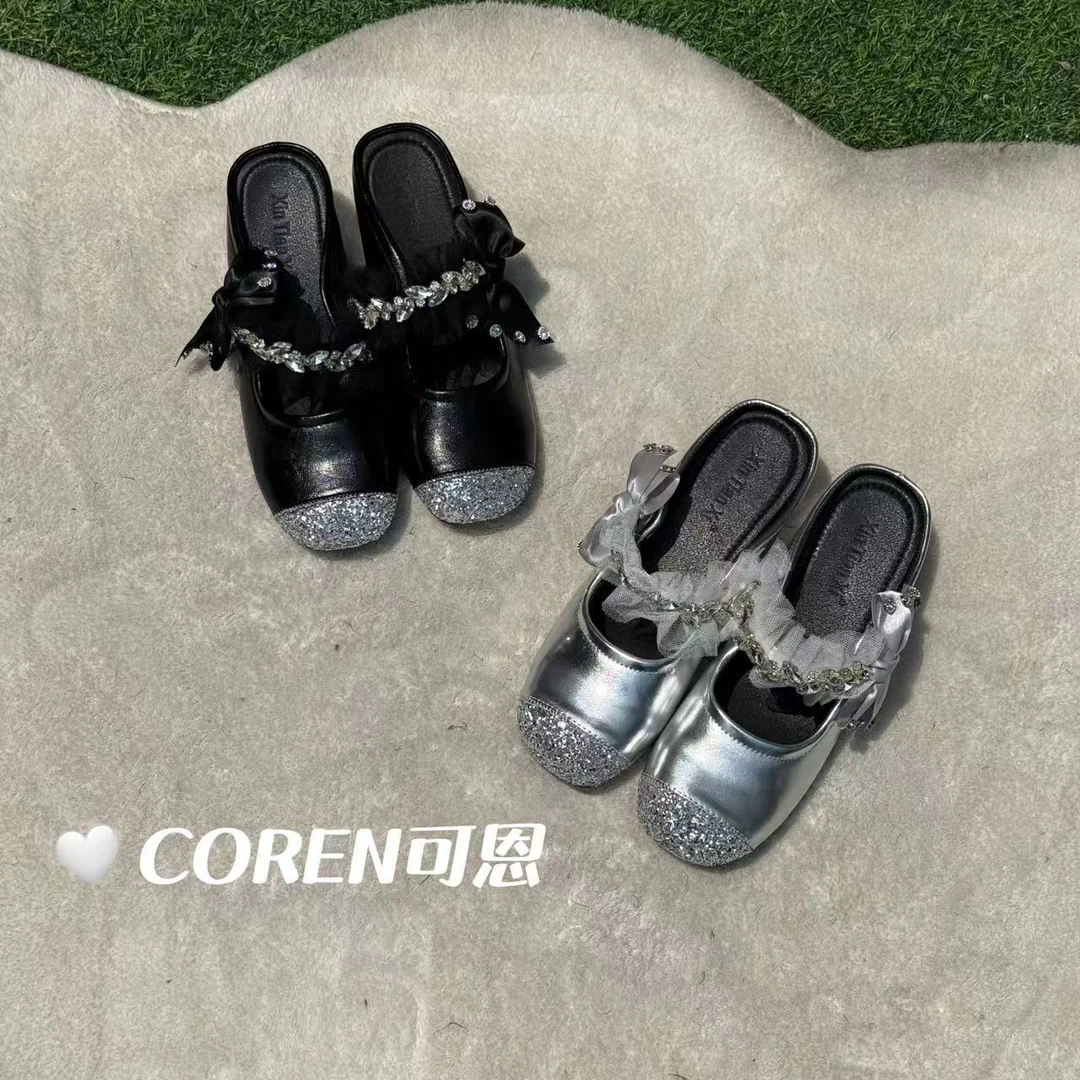 内增高包头半拖鞋女新款法式水钻外穿一字带蝴蝶结小码单鞋