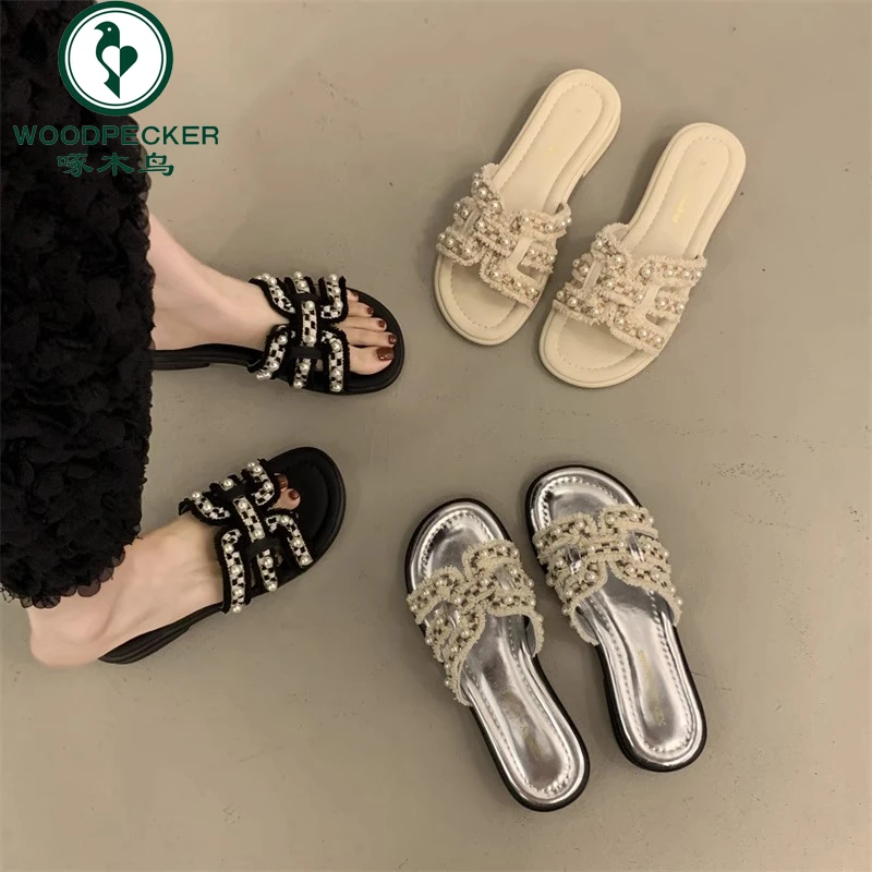 啄木鸟2025爆款夏季新款平底小香风拖鞋女外穿百搭甜美一字凉拖