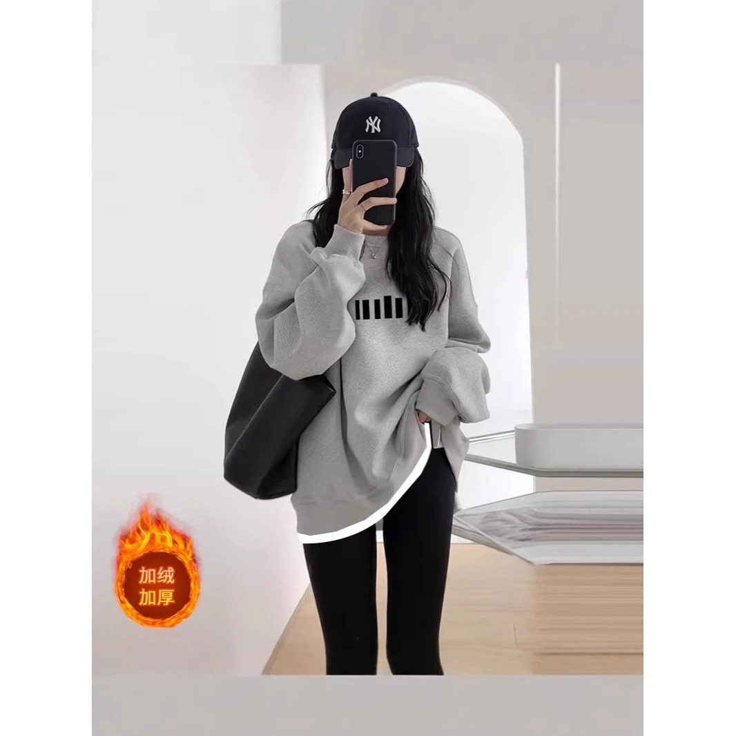 韩系中长款假两件卫衣女秋冬新款遮屁股小众上衣加绒时尚百搭外套