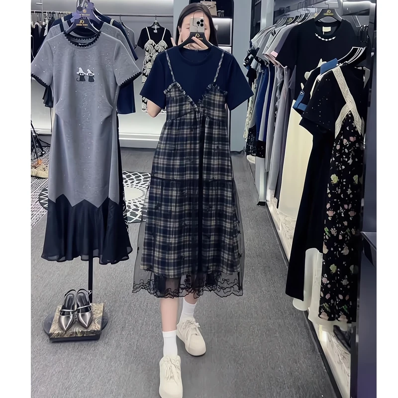 韩版拼接重工假两件连衣裙女夏季新款高级感显瘦独特气质短袖裙子