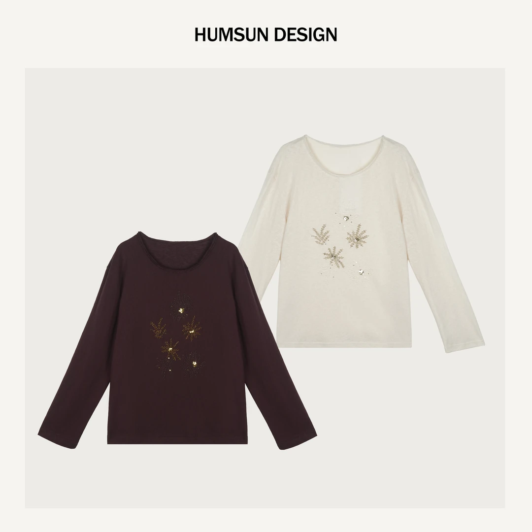 HUMSUN/禾木笙「悠韵」定织麻砂感重工亮片钉珠双层边宽松T恤 5C943