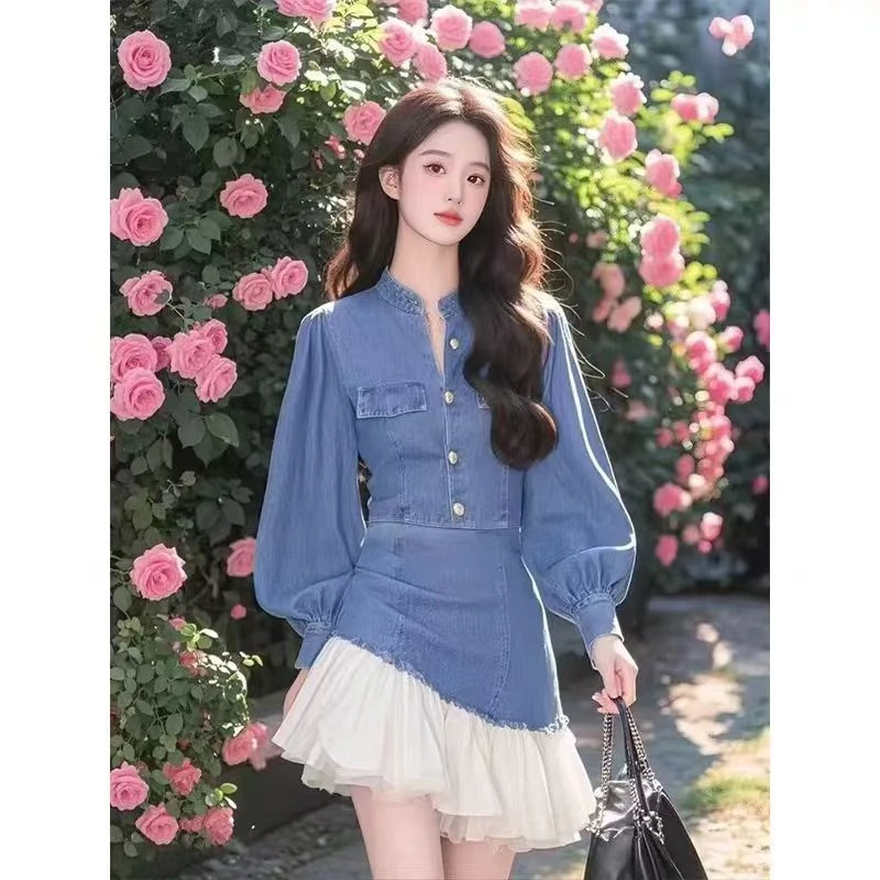 法式设计感拼接牛仔连衣裙女2025春季新款收腰显瘦短裙子时尚女装