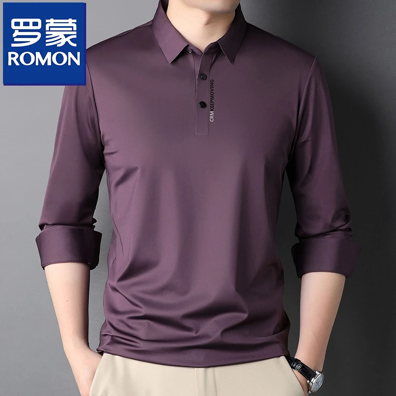 罗蒙冰丝长袖t恤男士春秋季无痕薄款套头上衣商务休闲翻领polo衫