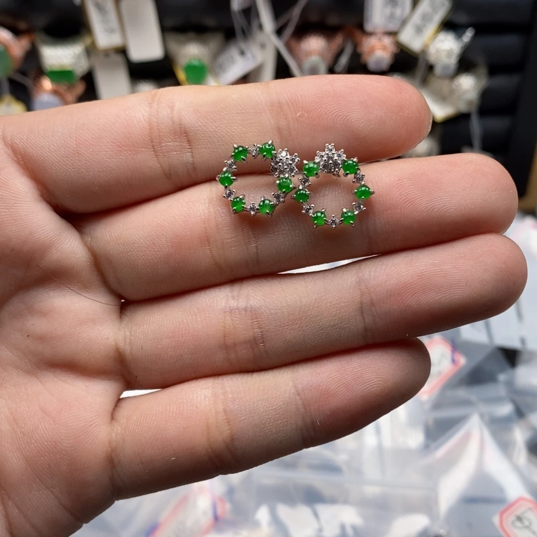 翡翠耳饰银S925镶嵌柯****天然缅甸翡翠a货