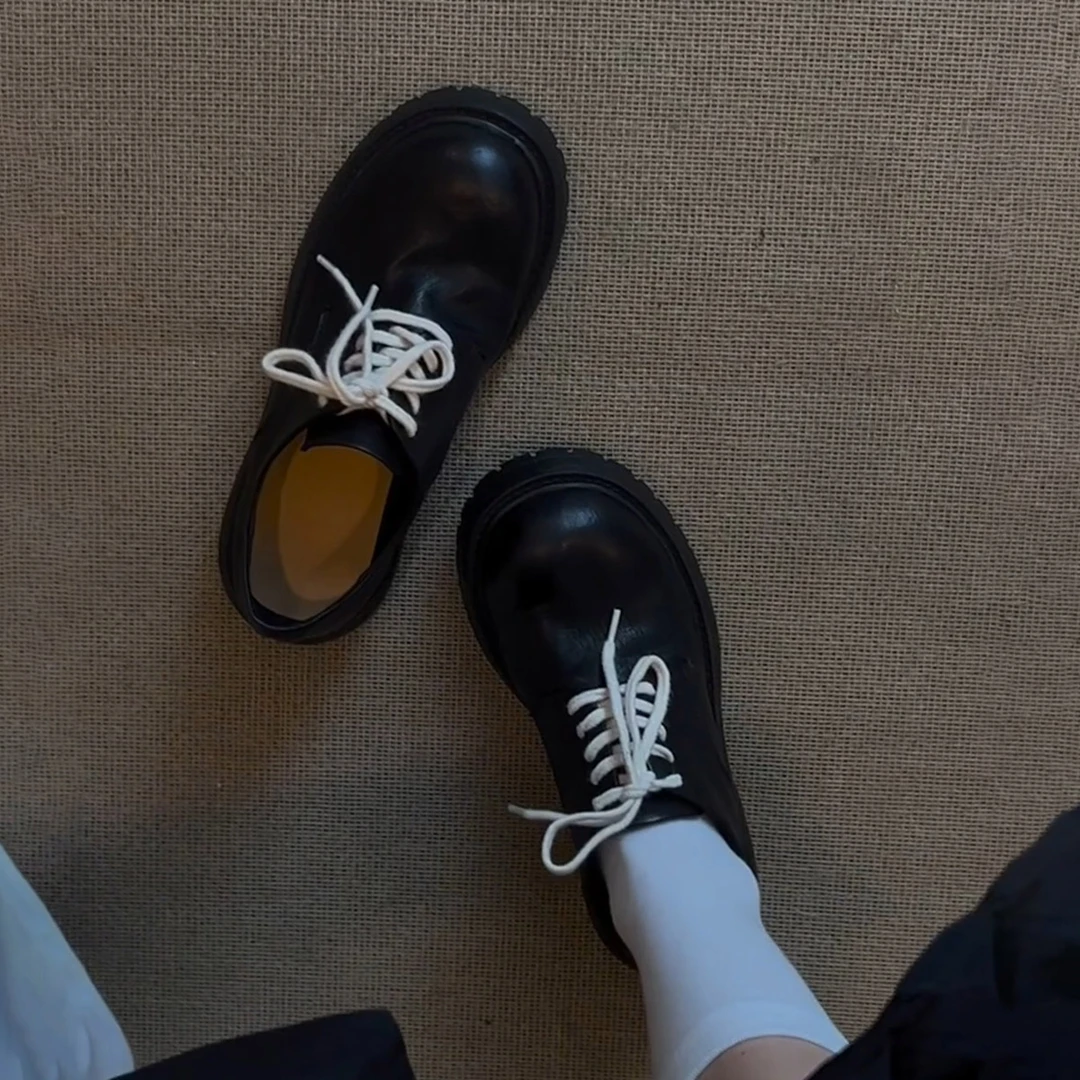 牛皮版~复古厚底大头德比鞋女小个子粗跟前系带英伦风百搭小皮鞋