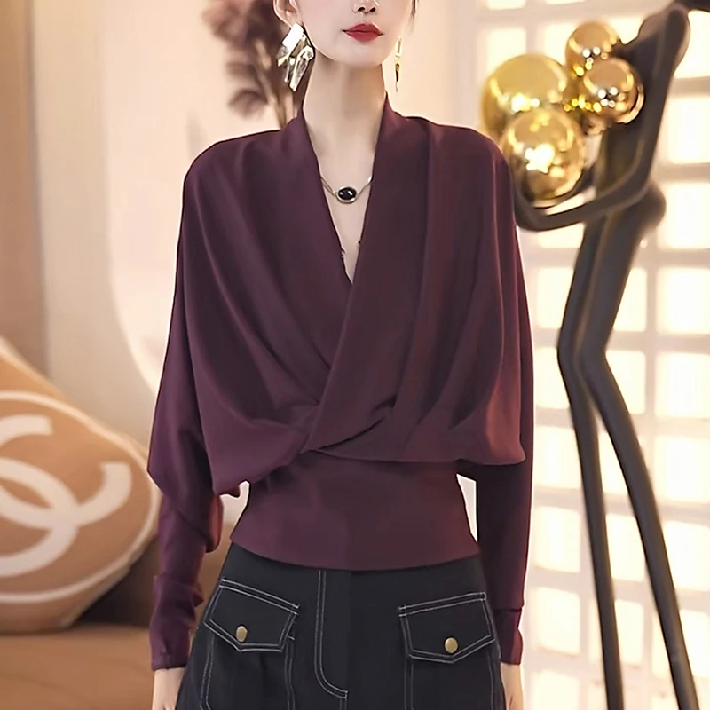 紫色时尚v领衬衫女2025秋季高级感洋气减龄大码显瘦薄款长袖上衣