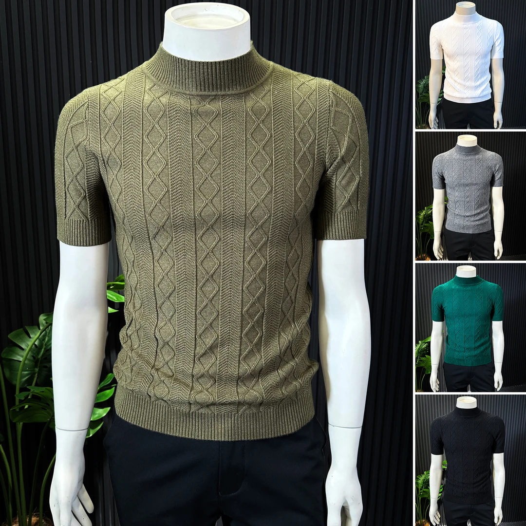 半高领菱形格打底衫男款痞帅高级感男装针织提花休闲短袖男士t恤