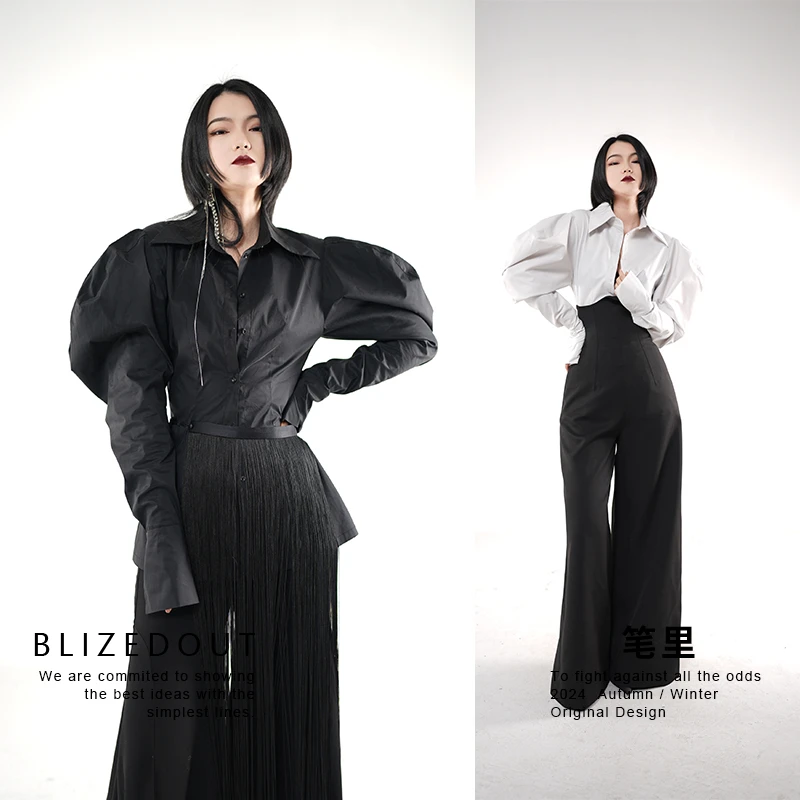 笔里【BLIZEDOUT】独立设计5010403黑色灰白色阔肩收腰显瘦上衣衬衫