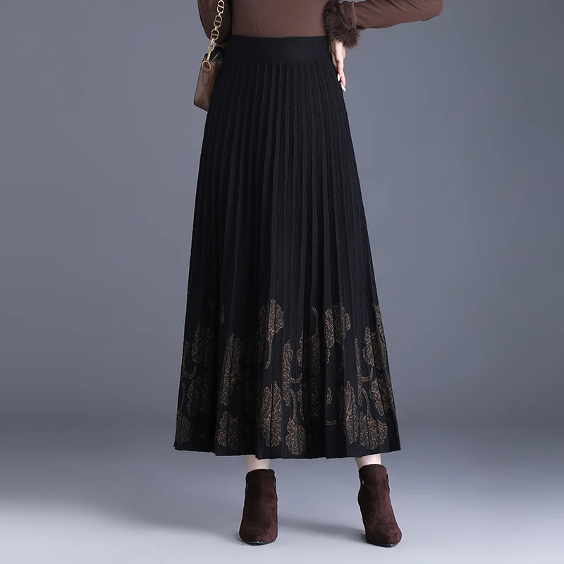 印花针织A字裙2025新款秋冬高腰半身裙女中长裙宽松显瘦百褶裙子