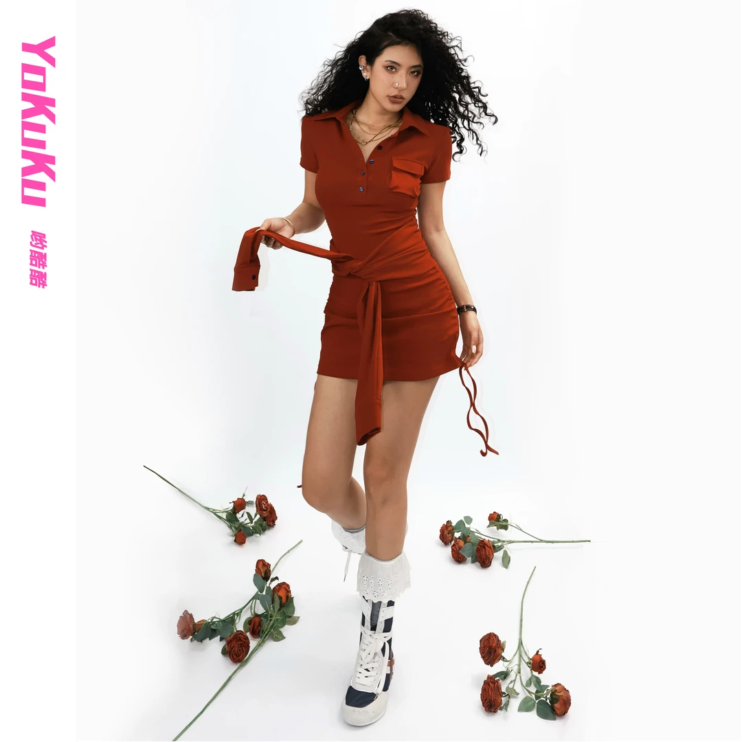 哟酷酷（老友记）独立设计精品风琴袋自带腰封抽绳收腰连衣短裙