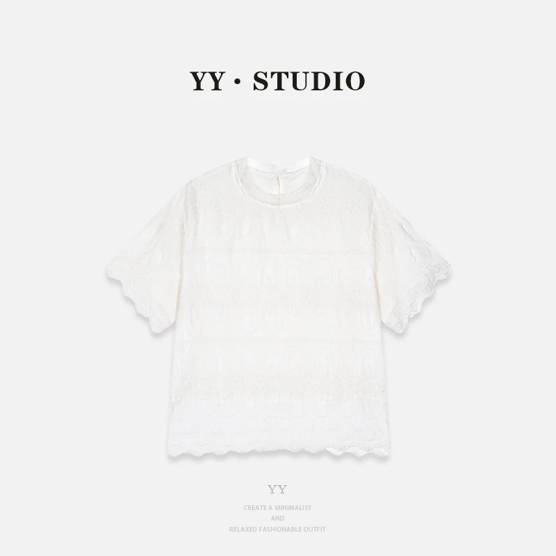 【YANYAN】夏季薄款百搭提花刺绣波浪边花边开叉短袖YY-6403