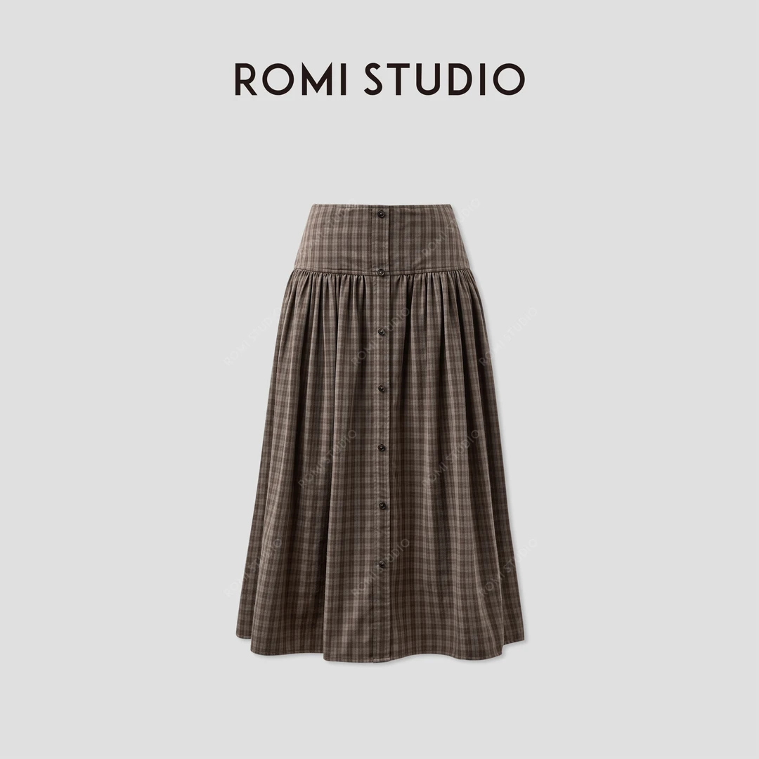ROMI STUDIO“复古知秋”色织棕调气质褶皱格纹半身裙 RWCAXU5424