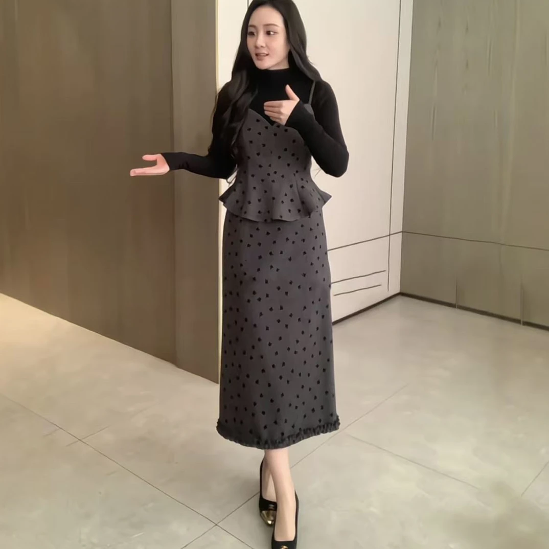 蝴蝶结吊带上衣高腰花边下摆半身裙气质套装女显瘦百搭1795美