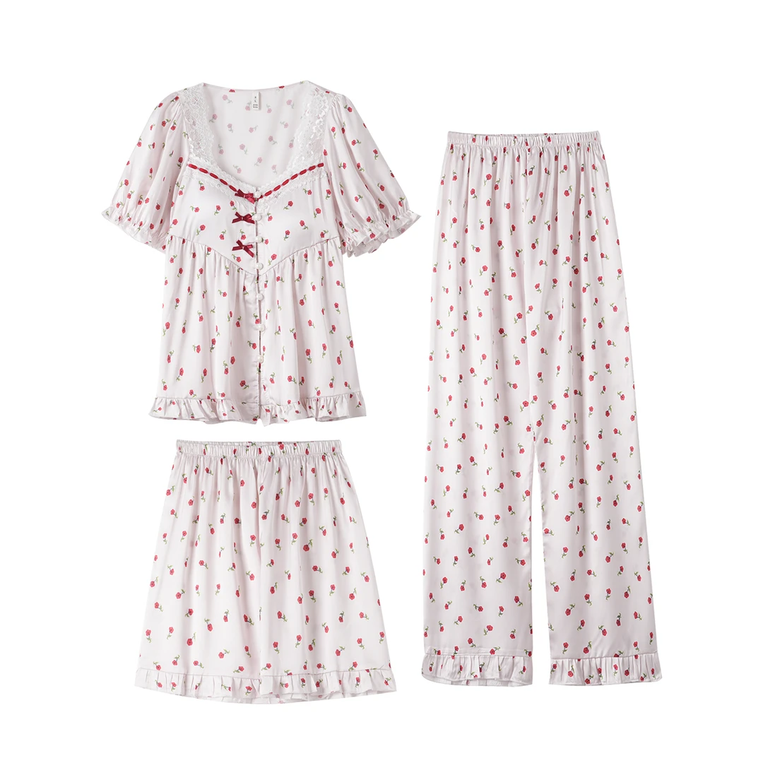 【南法玫瑰园三件套】冰丝凉感舒适透气家居服套装-2276