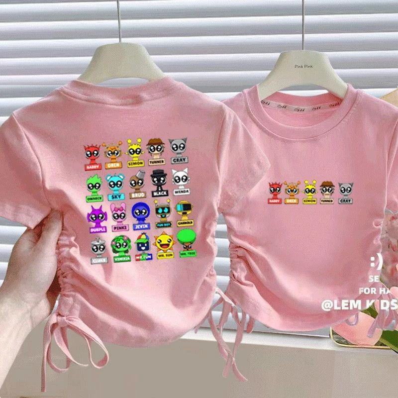 女童抽绳夏季韩版2025新款儿童纯色卡通T恤女宝宝抽绳半袖上衣潮t