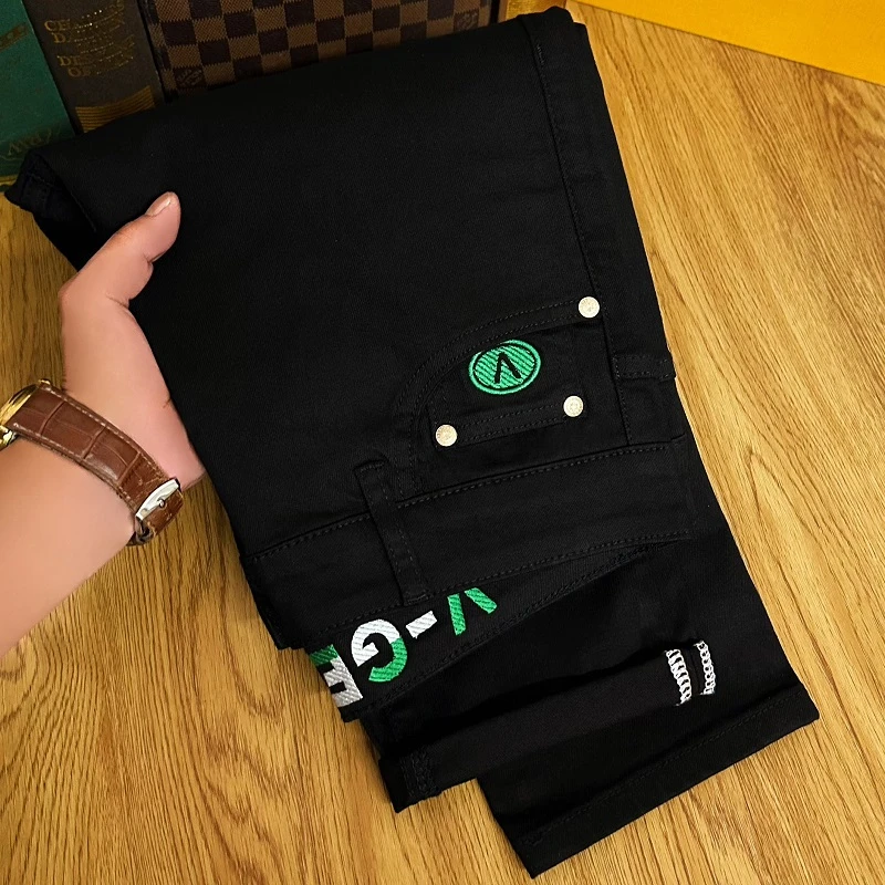 迪诺库克斯黑色牛仔裤男新款潮牌高端刺绣压花弹力修身小直筒裤子