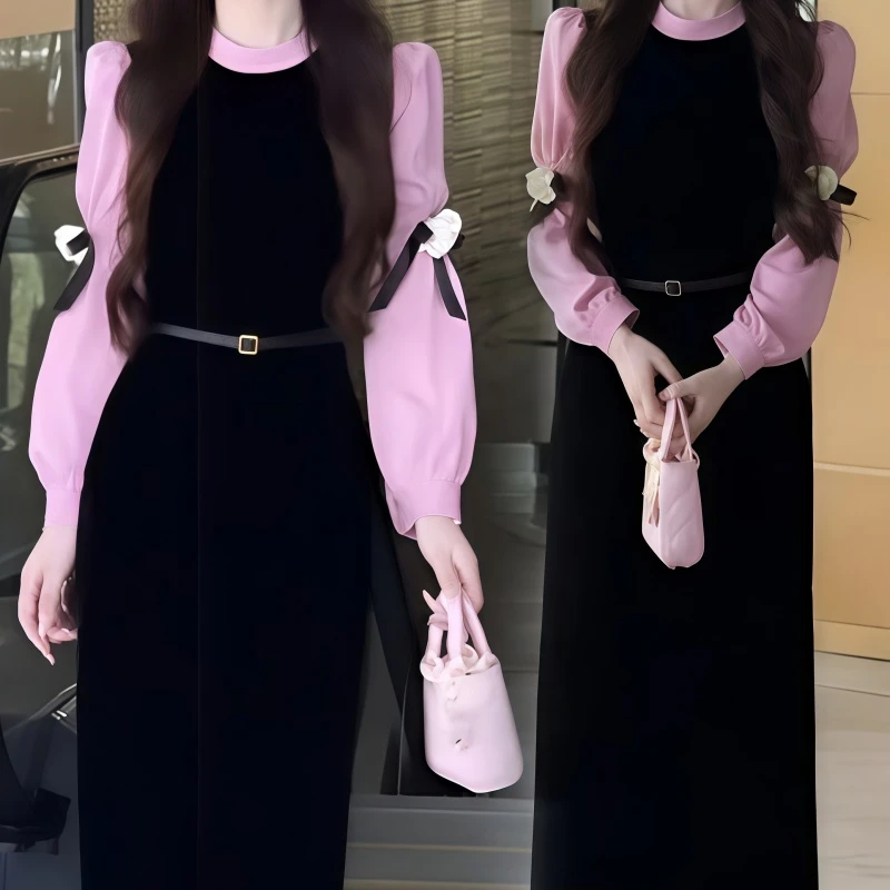 罗芬面料故事旗舰店女装秋季法式优雅气质金丝绒撞色假两件连衣裙