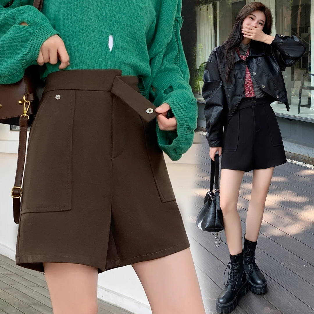 秋冬新款大码不规则毛呢A字阔腿裤女胖MM外穿裤靴裤时尚休闲短裤