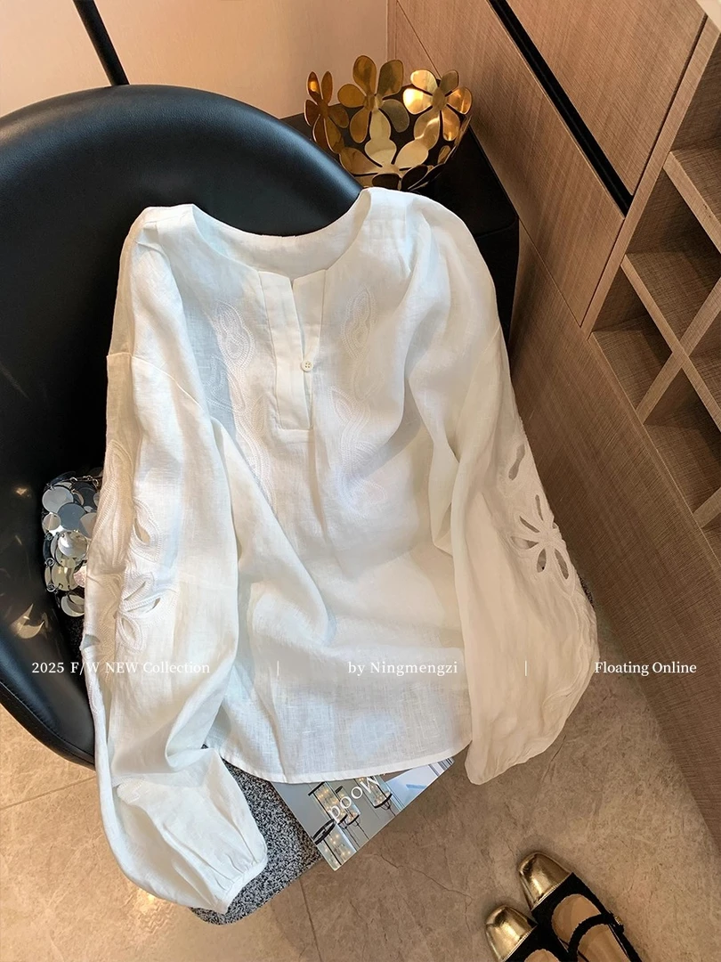 老钱风白色镂空刺绣慵懒长袖衬衫女早秋新款简约气质高级百搭上衣
