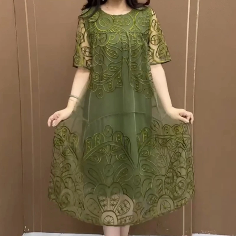 中老年女装夏装网纱绣花连衣裙中长款妈妈装网纱遮肉显瘦宽松长裙