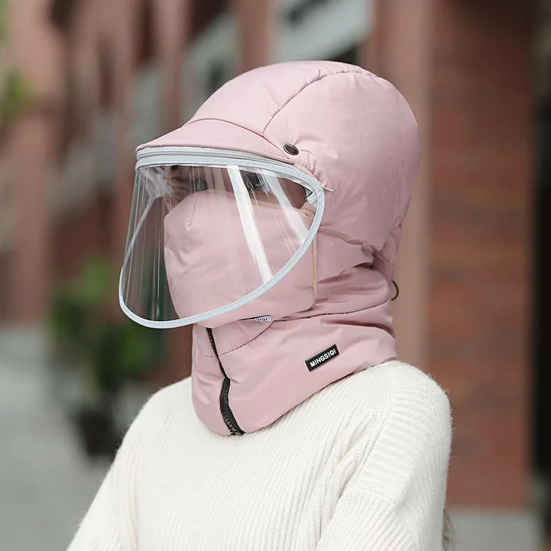 秋冬女骑电动车防风保暖帽护耳滑雪帽加绒防雨帽子带面罩雷锋帽
