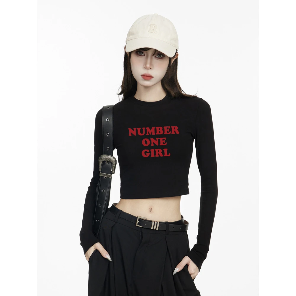 黑色红色字母印花短款长袖打底衫女早秋新款修身显瘦辣妹百搭上衣