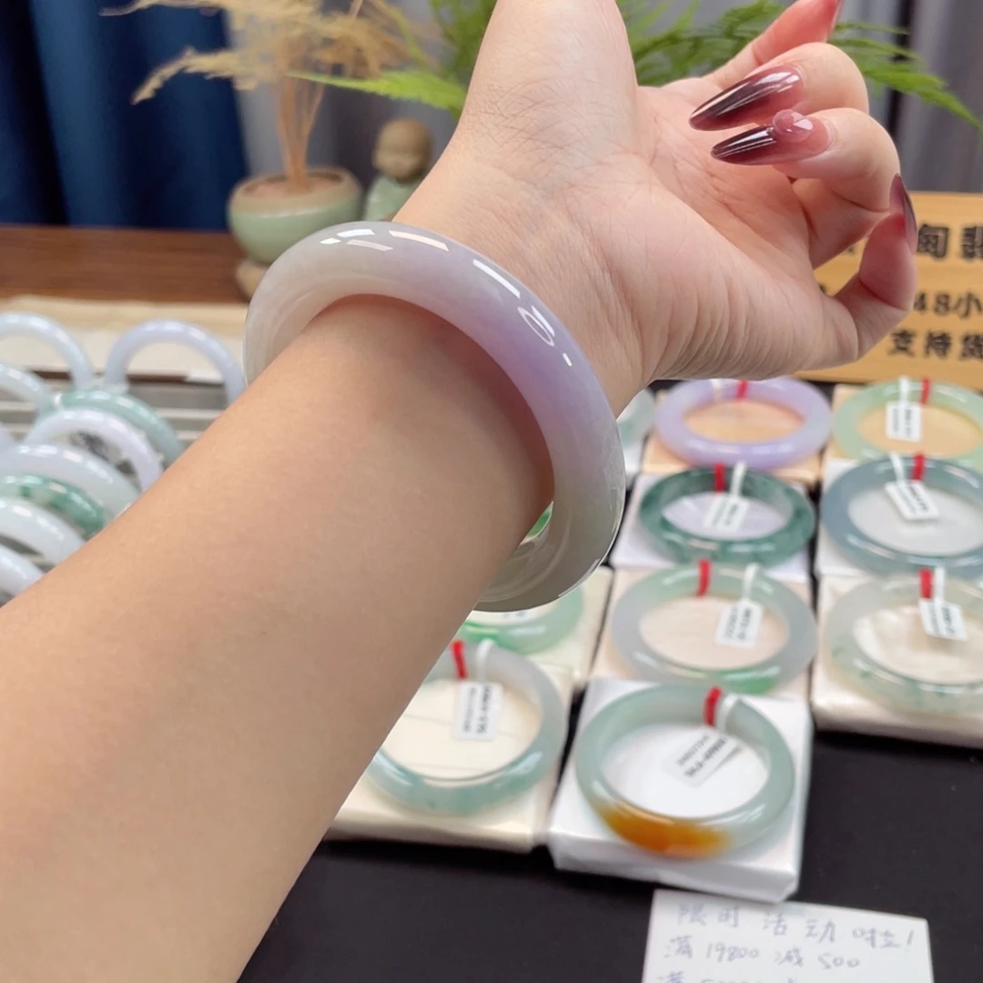 未镶嵌手镯翡翠55.2胖圆日落晚霞渐变樱花粉聚美7号