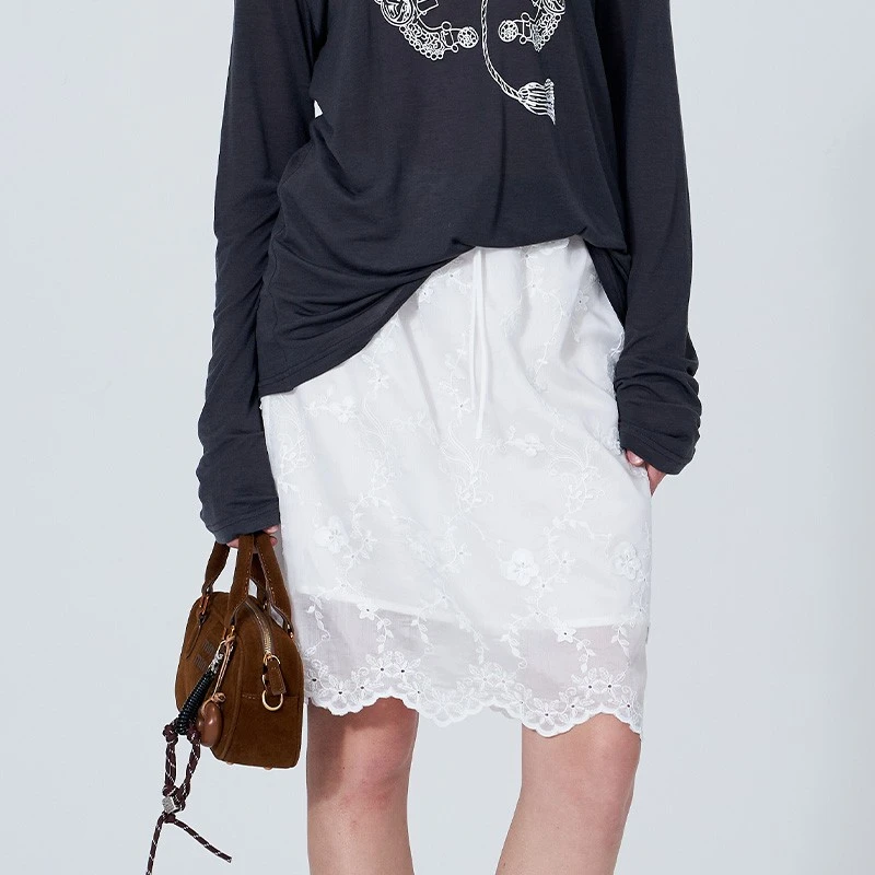 【THE ENES X LABERTHREE】新品24秋冬休闲印花T恤长袖蕾丝拼接半裙
