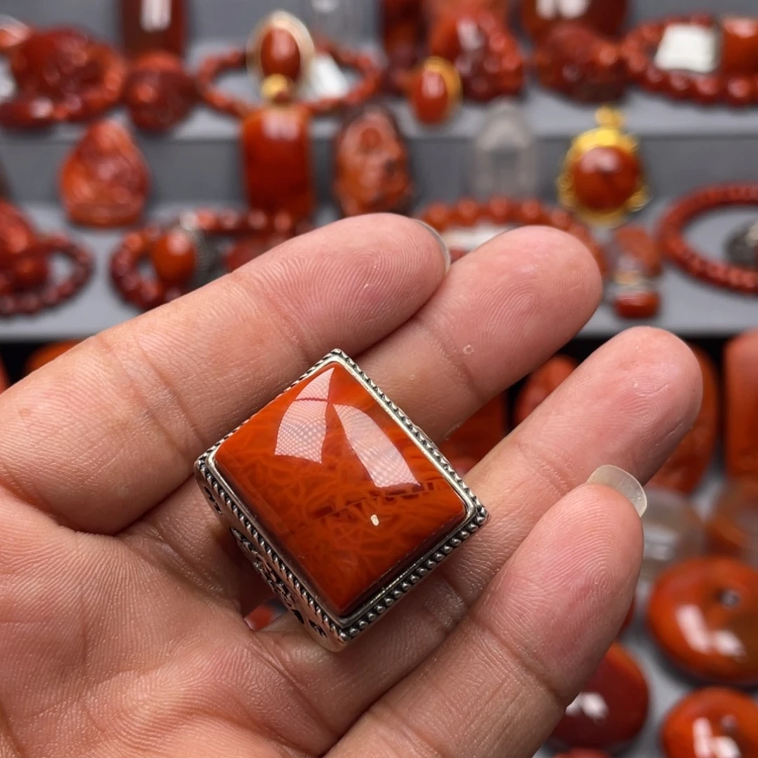 南红玛瑙银S925镶嵌珠宝奇石戒指