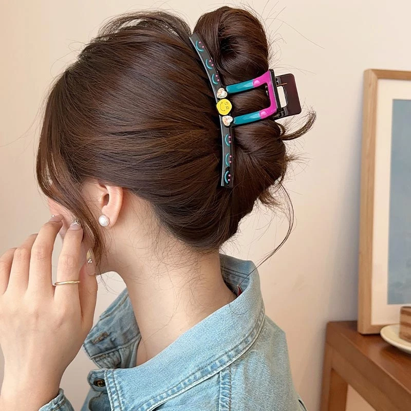 韩系滴釉撞色笑脸抓夹女高级感2025新款后脑勺盘发鲨鱼夹百搭发饰