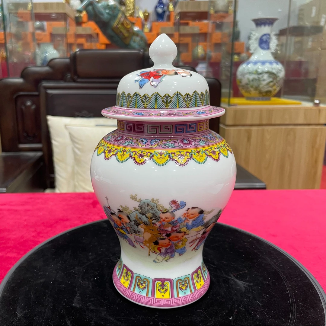 【袁氏瓷业】景德镇童子闹春茶叶罐将军罐器型-底款1997