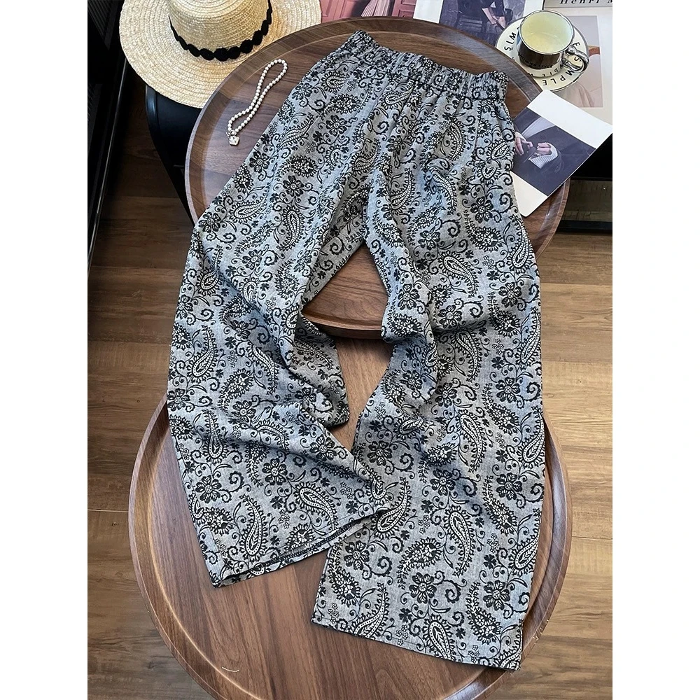 民族风时尚慵懒百搭显瘦阔腿裤2025年夏高腰休闲复古提花直筒裤女