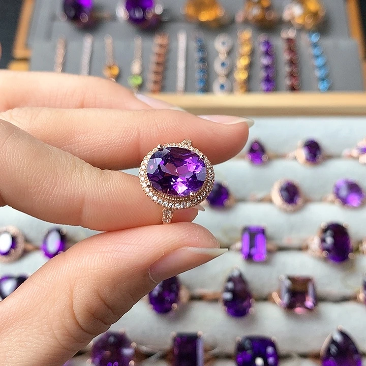 紫晶戒指银S925镶嵌天然紫水晶