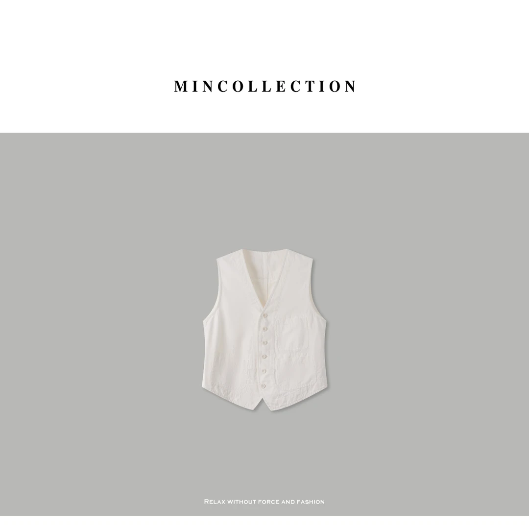 DE Mincollection工装白马甲/日系粗纺斜纹布棉麻V领马甲女55201