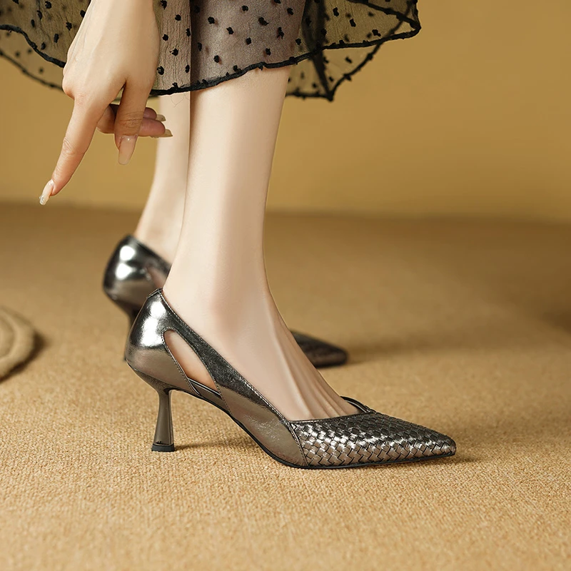 （跟高2cm/6cm）时尚编织镂空百搭气质单鞋女真皮尖头浅口高跟鞋