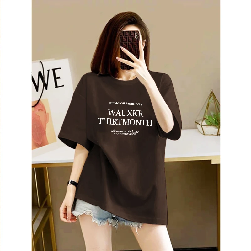 2025深咖字母印花短袖t恤女夏季洋气宽松大版体恤大码遮屁股上衣