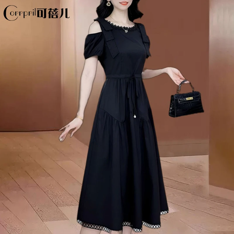 【可蓓儿】品牌小个子一字肩气质连衣裙女夏2025新款流行爆显瘦裙子