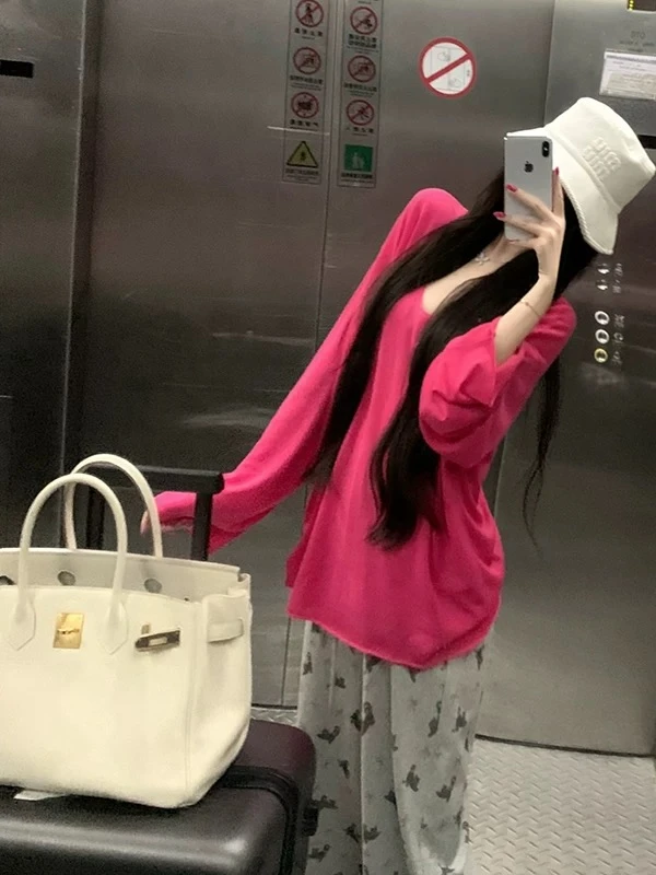 运补6 米网红宽松大版纯色v领长袖T恤女秋季2025新款纯色简约上衣