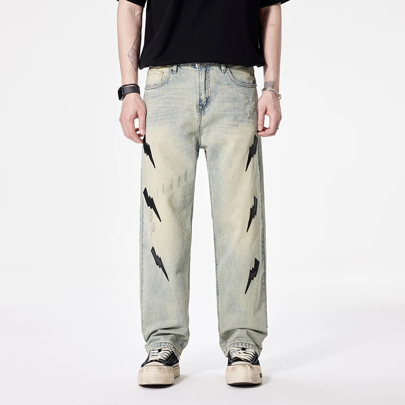 9203-1潮牌男装2025新款直筒牛仔裤闪电纹美式高街休闲长裤子男装