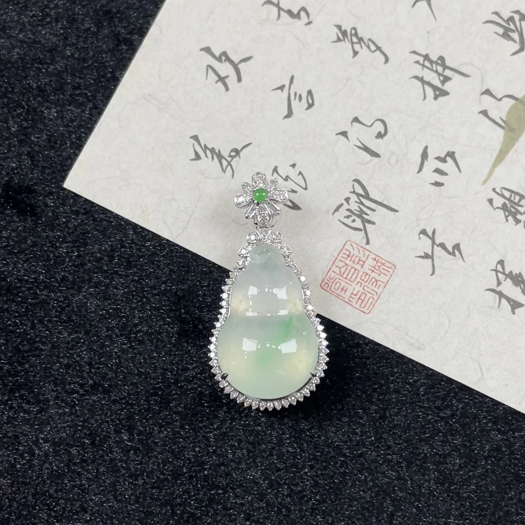 冰种金丝绿葫芦—翡翠18K金镶嵌吊坠（赠链）