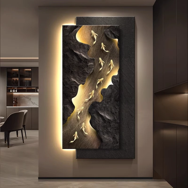 现代轻奢玄关装饰画立体砂岩九鱼寓意好挂画高级入户正对门壁灯画