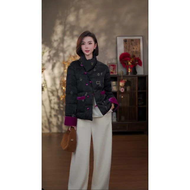 GONG QUE【花满溪】新中式秋冬款暗纹提花加绒长袖外套 242481