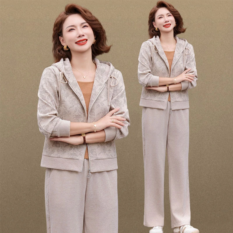 罗蒙中老年妈妈运动服套装女春秋季新款洋气百搭休闲两件套运动服