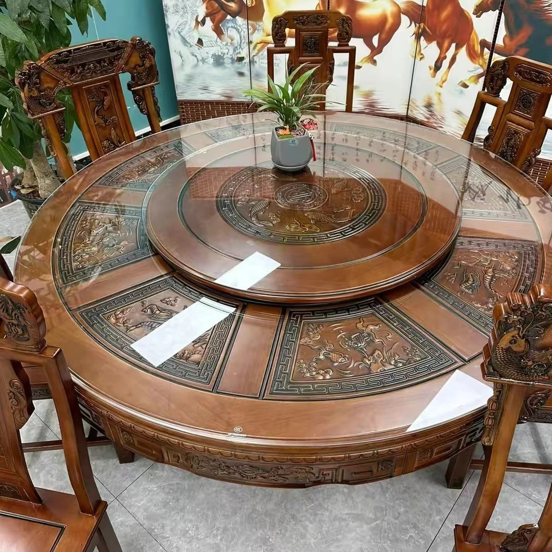 全实木圆桌新中式仿古大户型雕花大圆桌家用饭桌带转盘餐桌椅组合