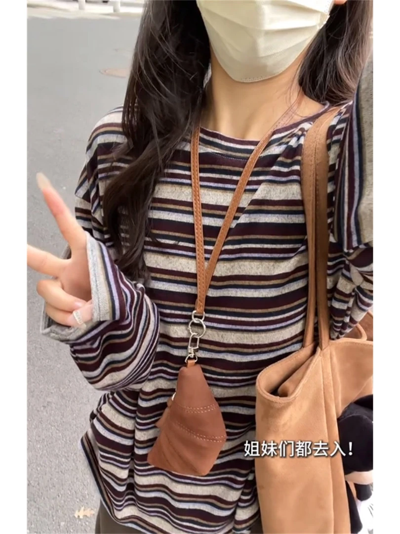 宽松休闲圆领长袖内搭女秋冬季爆款韩系撞色条纹叠穿外搭显瘦上衣